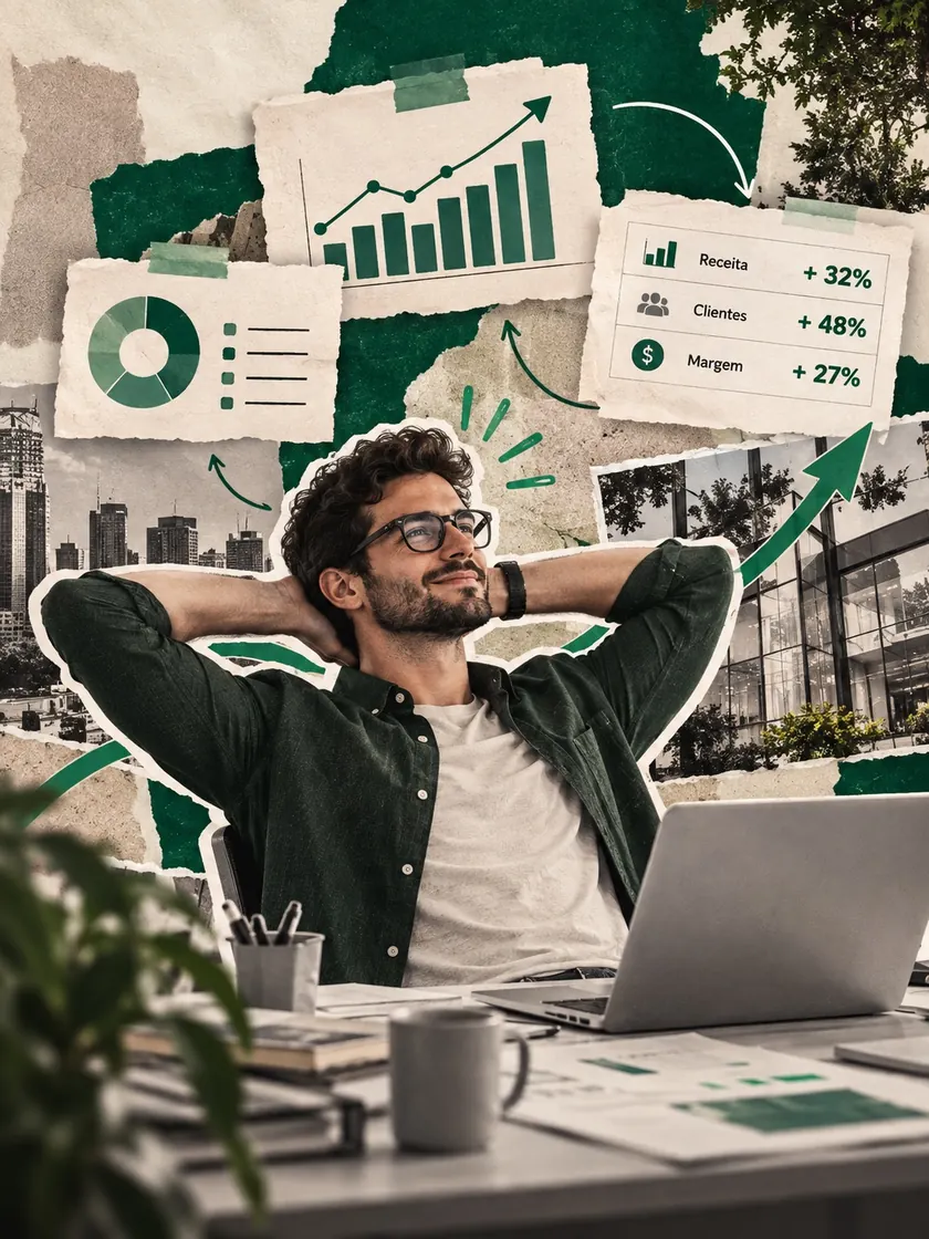 Empresário sorrindo, recostado na cadeira com as mãos atrás da cabeça, diante do notebook, com gráficos e indicadores ao fundo.