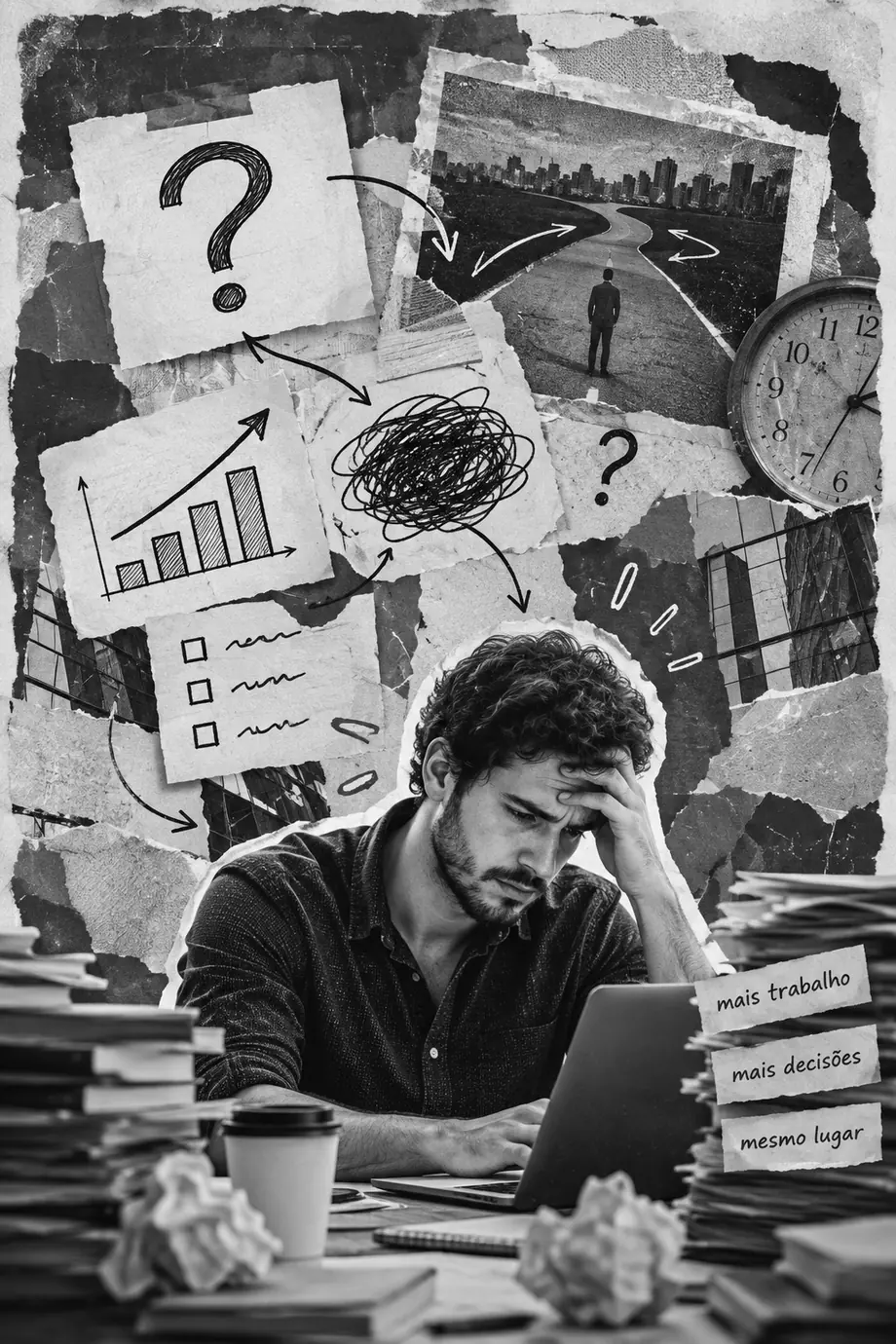 Empresário com a mão na testa diante do notebook, cercado de pilhas de papel, pontos de interrogação e rabiscos, com cartões dizendo mais trabalho, mais decisões, mesmo lugar.